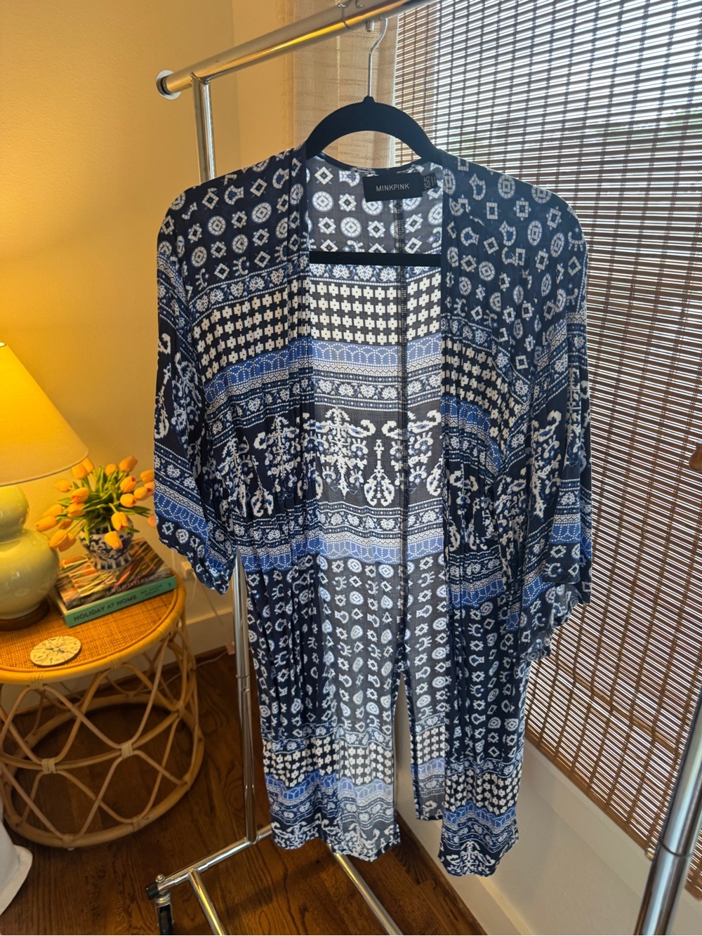 Maeve Open Front Kimono Cardigan - Navy & White with Blue Accents